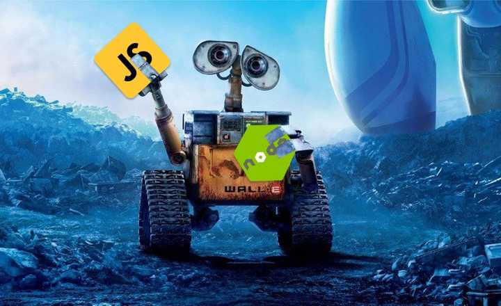 WALL-E holding logos of node and javascript in his hands